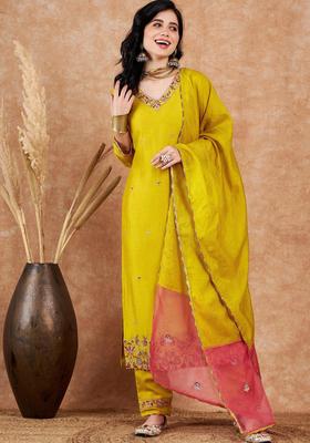 Yellow Embroidery Silk Kurta Set