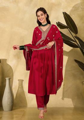 Red Embroidery Silk Kurta Set