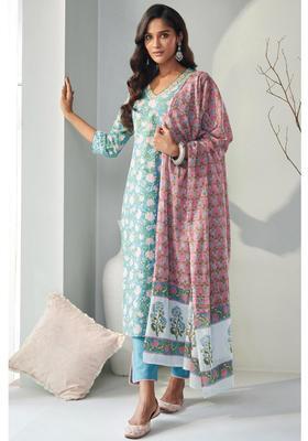 Blue Floral Print Rayon Kurta Set