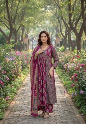 Purple Floral Print Rayon Anarkali Set