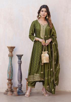 Olive Embroidery Silk Anarkali Set