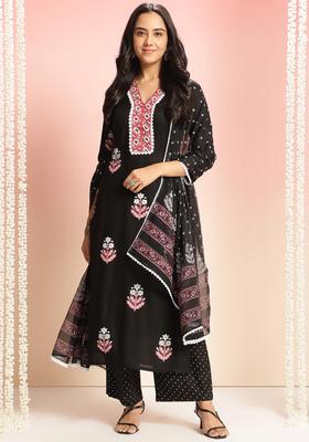 Black Floral Print Rayon Kurta Set