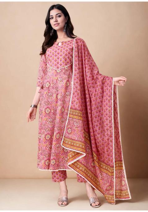 Pink Printed Cotton Anarkali Set — view on Indya