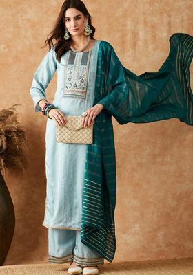 Sky Embroidery Silk Palazzo Set
