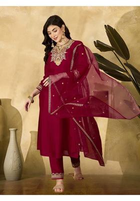 Red Embroidery Silk Kurta Set