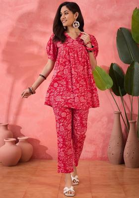 Red Floral Print Cotton Co-Ord Set