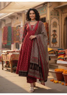 Maroon Floral Print Rayon Anarkali Set