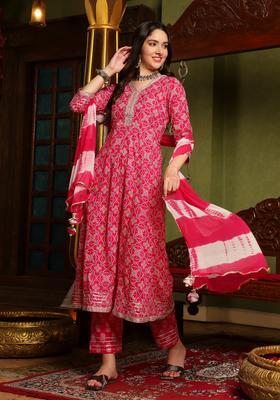 Pink Printed Cotton Anarkali Set