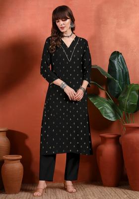 Black Printed Silk Blend Kurta Set