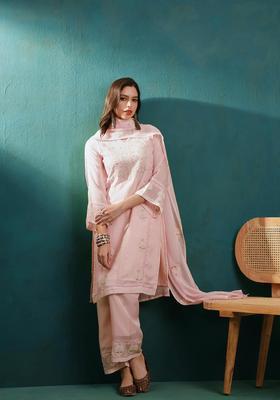Peach Embroidery Organza Kurta Set