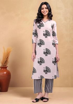 Off White Printed Cotton Kurta Set