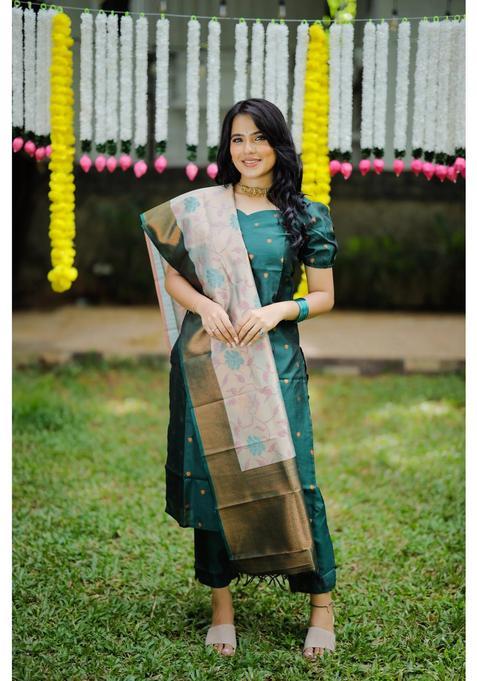 Green Self Design Silk Kurta Set — view on Indya