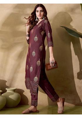 Maroon Floral Print Chanderi Kurta Set