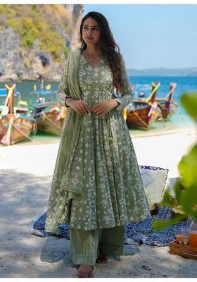 Green Printed Rayon Anarkali Set