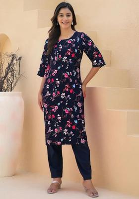 Navy Blue Floral Print Crepe Kurta Set