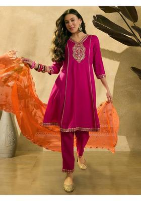 Rani Pink Embroidery Silk Kurta Set