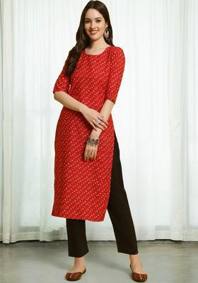 Red Floral Print Crepe Kurta Set