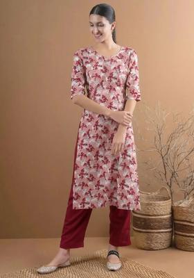 Pink Floral Print Crepe Kurta Set