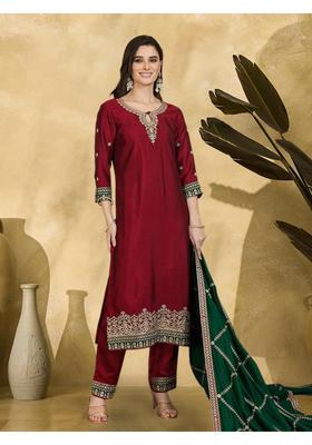 Maroon Embroidery Silk Kurta Set