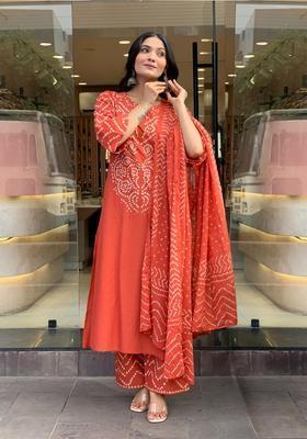 Orange Printed Rayon Kurta Set