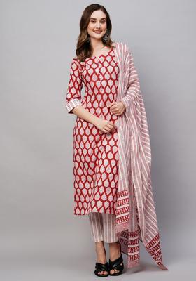Red Floral Print Rayon Kurta Set