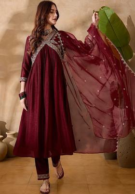 Maroon Embroidery Silk Kurta Set
