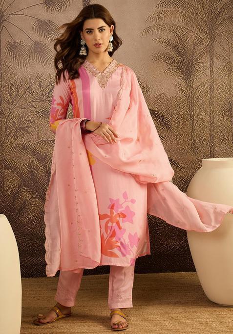 Pink Floral Print Silk Kurta Set — view on Indya