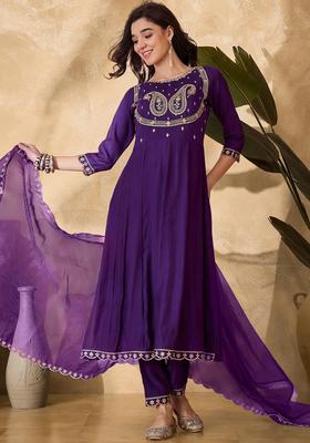 Purple Embroidery Silk Anarkali Set