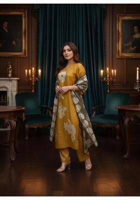 Mustard Yellow Floral Print Rayon Kurta Set