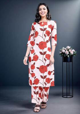 Cream Floral Print Cotton Kurta Set