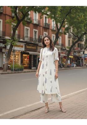 White Floral Print Rayon Kurta Set