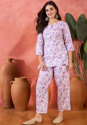 Purple Floral Print Cotton Co-Ord Set