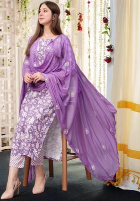 Lavender Floral Print Rayon Kurta Set