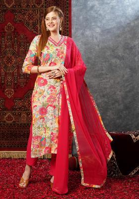 Pink Floral Print Rayon Kurta Set