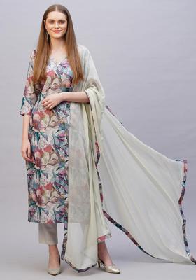 Grey Floral Print Rayon Kurta Set