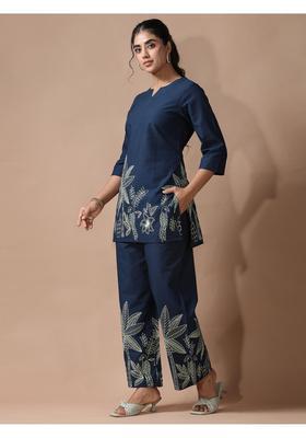 Navy Blue Floral Print Cotton Co-Ord Set