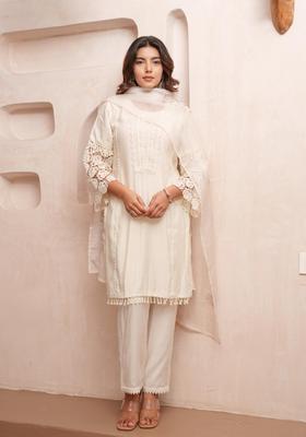 White Embroidery Silk Kurta Set