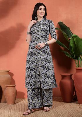 Grey Floral Print Cotton Kurta Set