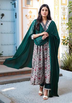 White Floral Print Rayon Anarkali Set