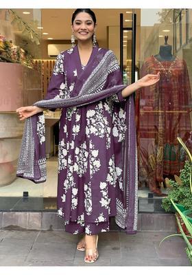 Purple Floral Print Rayon Anarkali Set