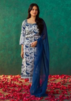 Blue Floral Print Cotton Kurta Set