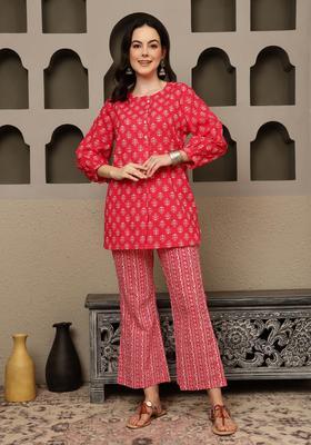 Red Floral Print Cotton Co-Ord Set