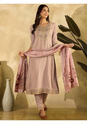 Peach Embroidery Silk Kurta Set
