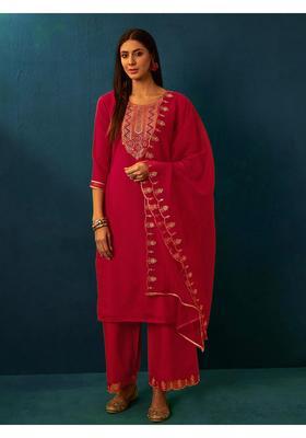 Red Embroidery Silk Kurta Set