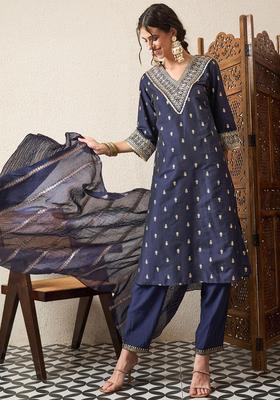 Navy Blue Embroidery Viscose Kurta Set