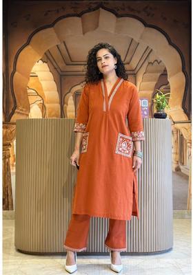 Orange Embroidery Rayon Kurta Set