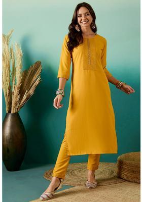 Yellow Embroidery Crepe Kurta Set