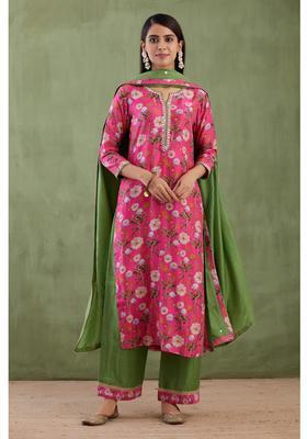 Pink Floral Print Rayon Kurta Set