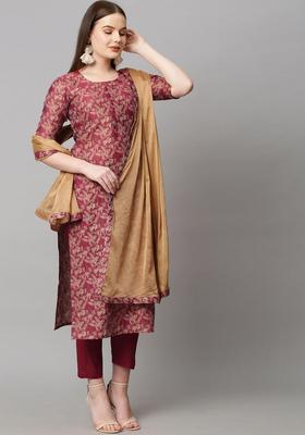 Maroon Floral Print Rayon Kurta Set