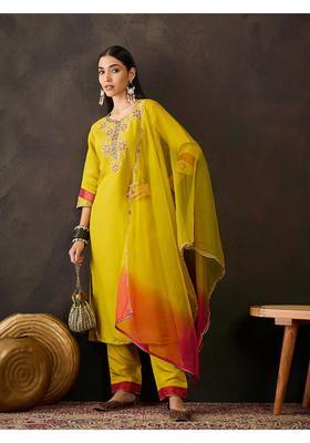 Yellow Embroidery Silk Kurta Set
